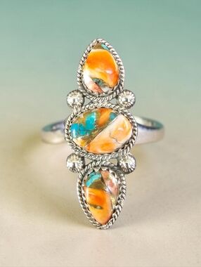SaasTriple Stone Orange Turquoise Inlay Sterling Ring. (S925 )